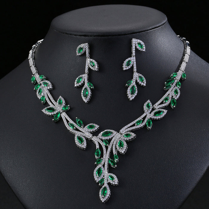 Wholesale Zircon Necklace Earrings suit Jewelry Full Diamond Jewelry Leaves Women' s Holiday Wear