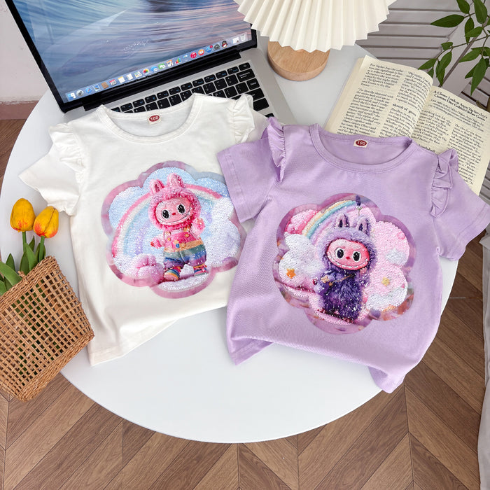 Wholesale New summer children' s clothing for girls,  double-sided color-changing sequined short-sleeved T-shirt with cartoon bottoming shirt