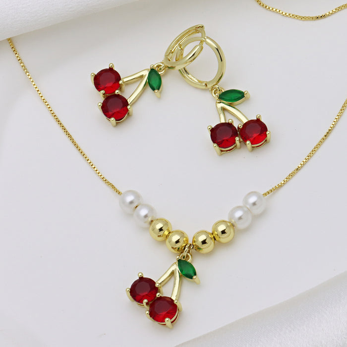 Wholesale Cherry Fruit with Color Zirconium Earrings Necklace Combination suit Copper Beads with Pearl