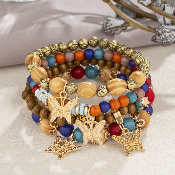 Wholesale Boho Style Multi-Layered Wood Beads Beaded Butterfly Pendant Bracelet JDC-BT-FeiYa006