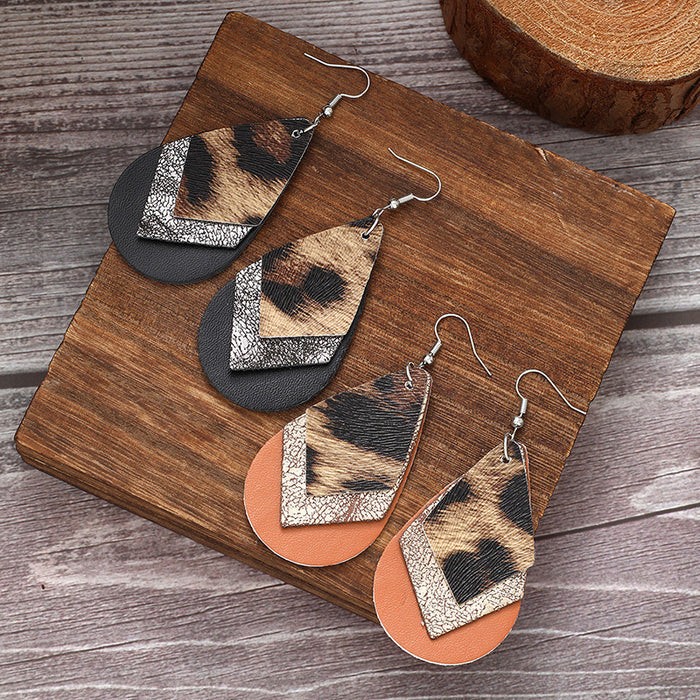 Wholesale Western Denim Three-layer Leopard Print Drop-shaped Leather Earrings JDC-ES-YiTian002