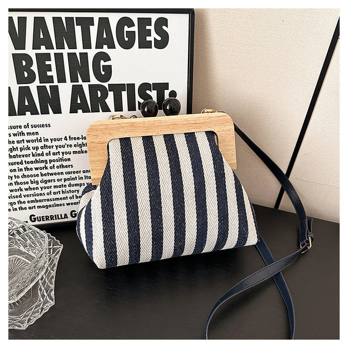Wholesale Women' s striped canvas shoulder bag with wooden clasp