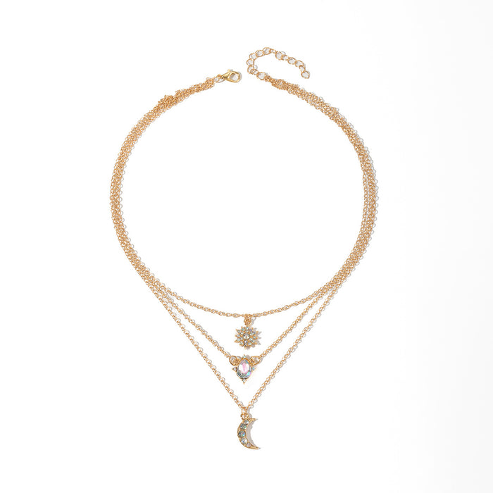 Wholesale Popular retro multi-layer layered star moon necklace with light luxury design and diamond studded water droplet pendant