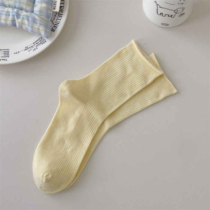 Wholesale Boneless solid color rolled edge vertical strip thin breathable cotton elastic mouth middle tube stacking socks
