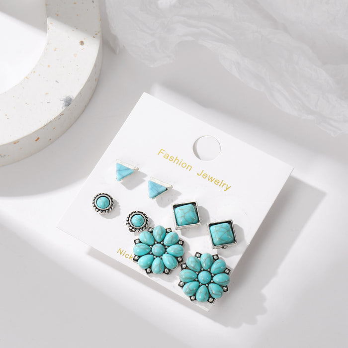 Wholesale Retro Bohemian Turquoise Round Earrings 4 Pair Set
