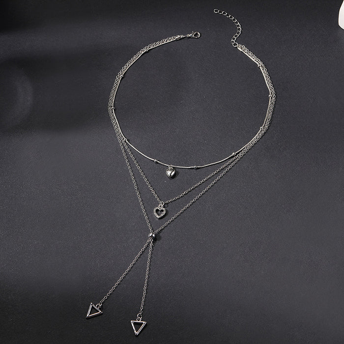 Wholesale Jewelry niche geometric diamond inlaid love pendant design sense tassel multi-layer necklace silver