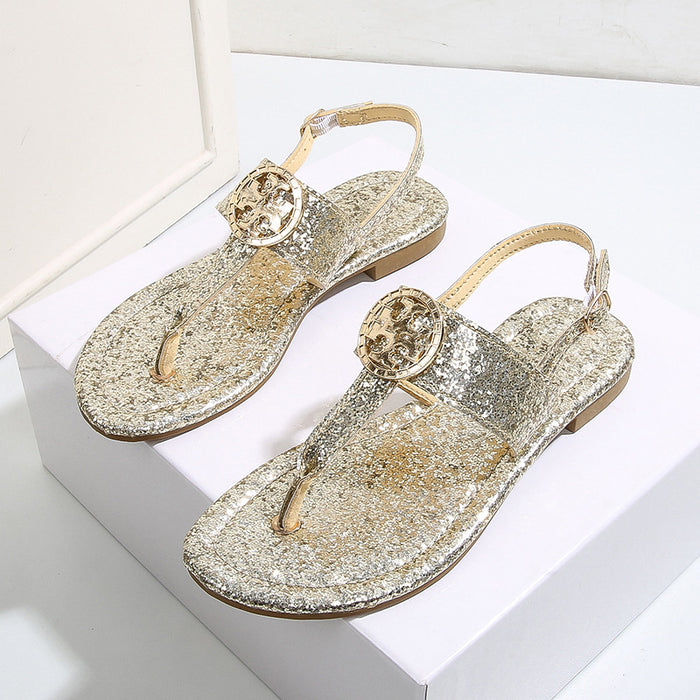 Wholesale Crystal Sequin Simple Low Heel Flat Large Size Sandals JDC-SD-ChengMei001