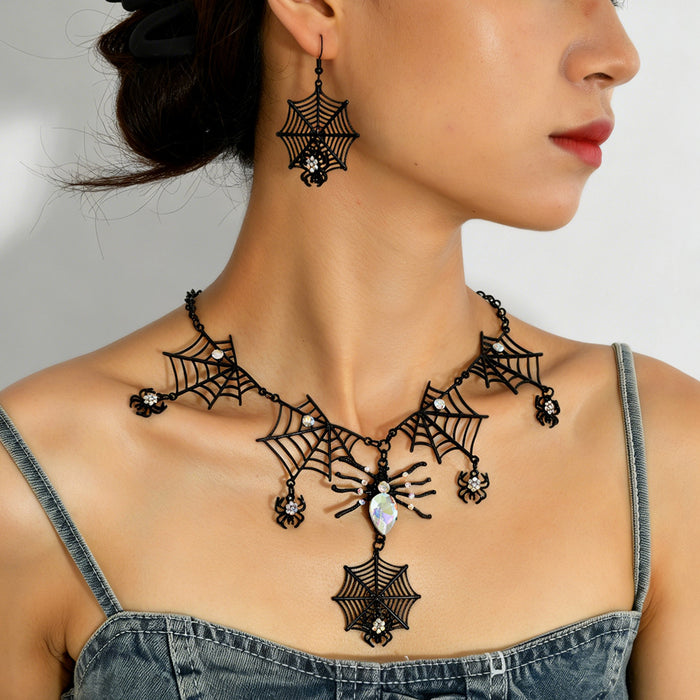 Wholesale Zinc Alloy Rhinestone  Web Skull Necklace And Earring Set Women  Party Jewelry
