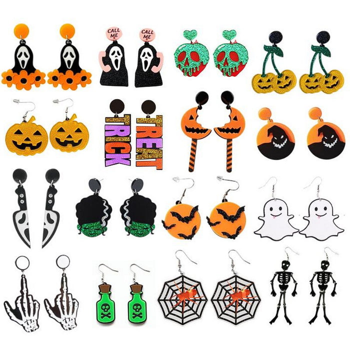 Wholesale Halloween Asymmetric Glitter Letters Pumpkin Knife Ghost Skull Skeleton Earrings JDC-ES-Zhanh010