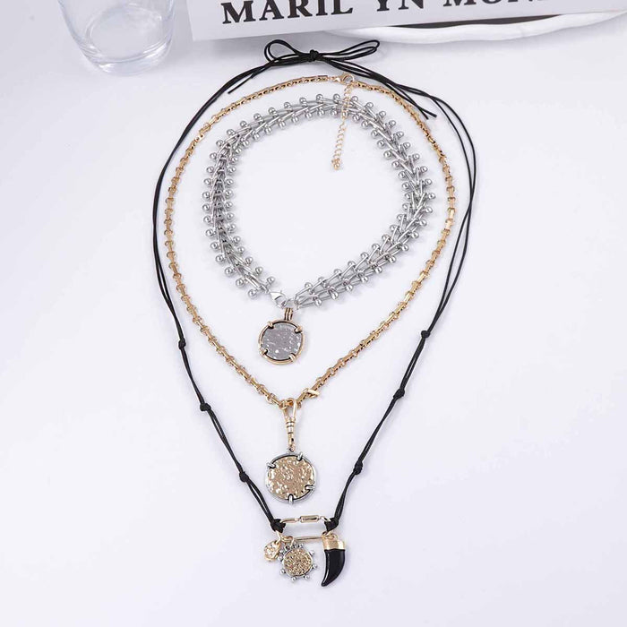 Wholesale Multi-layer Stacked Chain Geometric Alloy Badge Pendant Necklace