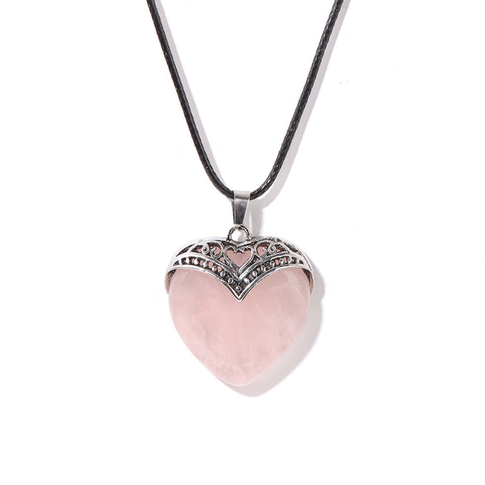 Wholesale Heart shaped pendant necklace with stone beads and tiger' s eye adjustable leather cord