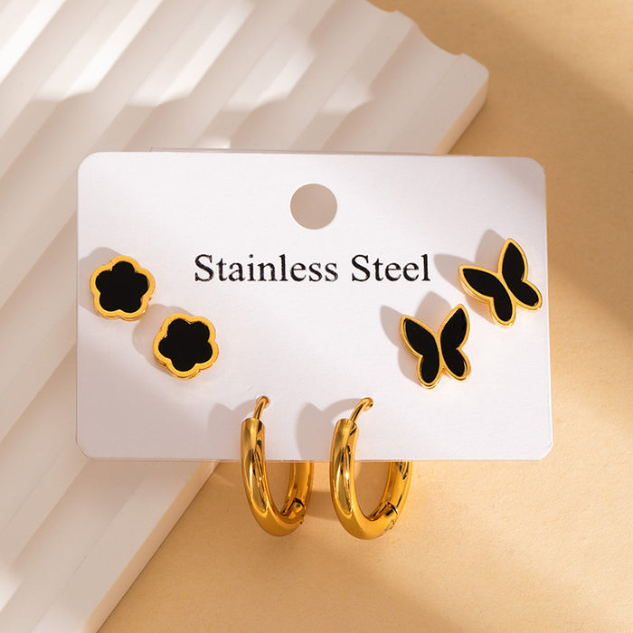Wholesale Stainless Steel Four-Leaf Clover Heart Earrings Set