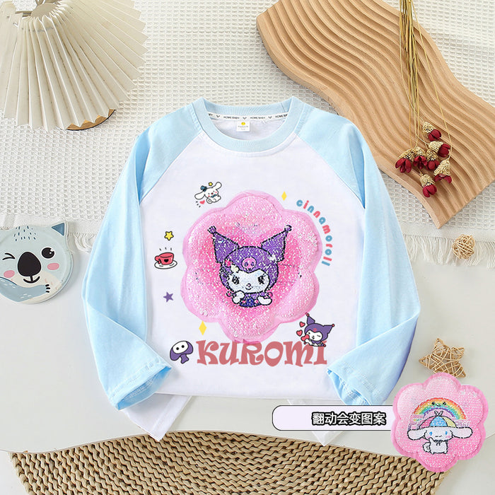 Wholesale Spring and Autumn Girls Cartoon Kuromi Sequin Flip Color Long Sleeve T-shirt Pure Cotton Bottoming Shirt Top Personalized Design JDC-CTS-QNE004