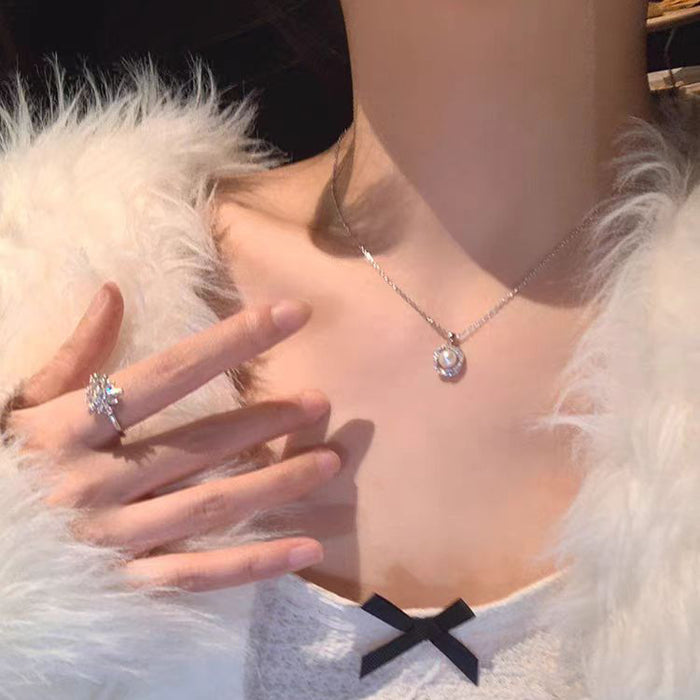 Wholesale Titanium steel necklace with full diamond pearl pendant, elegant and luxurious, versatile collarbone chain accessory