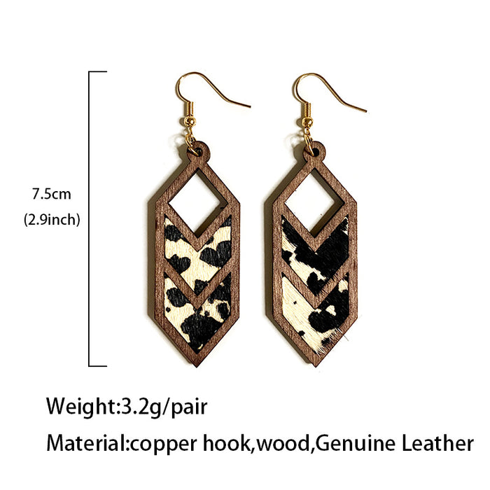 Wholesale Leopard print cow pattern genuine leather earrings Western geometric inlaid earrings hollow earrings