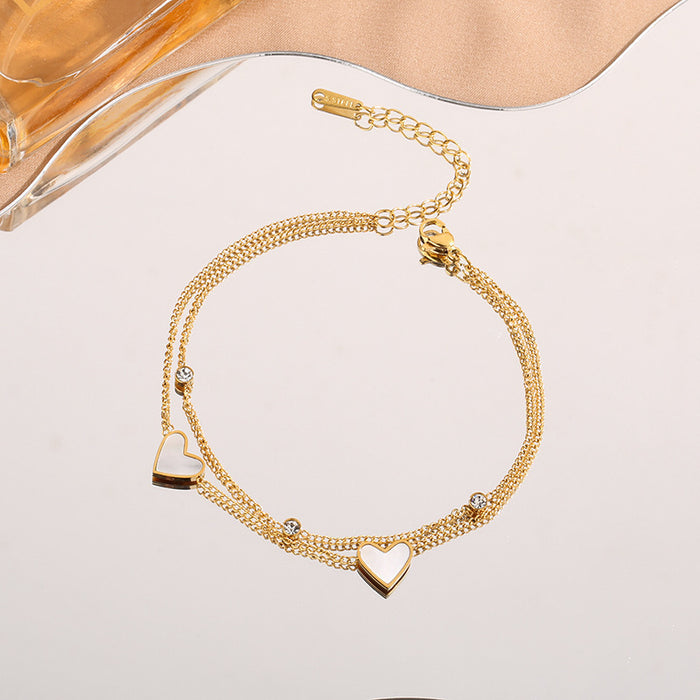 Wholesale Simple and fashionable commuting, compact and versatile titanium steel bracelet, heart shaped white shell double-layer layered wearing