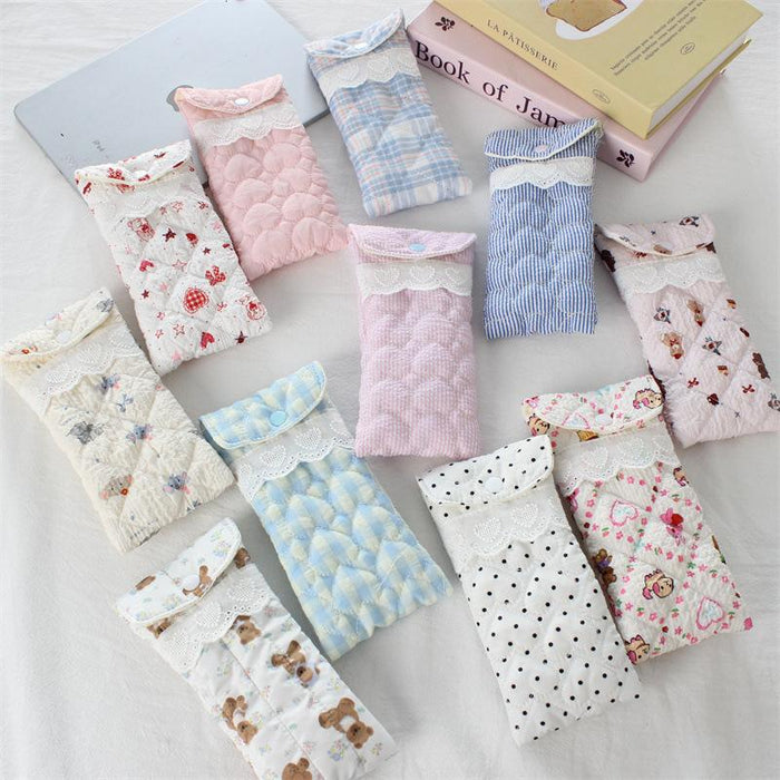 Wholesale Quilted Heart Pattern Glasses Pouch Soft Light Blue Polyester Eyeglass Case With Flap Travel Storage Bag For Sunglasses