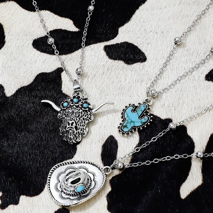 Wholesale Western Denim Style Hat Turquoise Multi-layer Necklace Women' s Vintage Flower Plate All-match Necklace