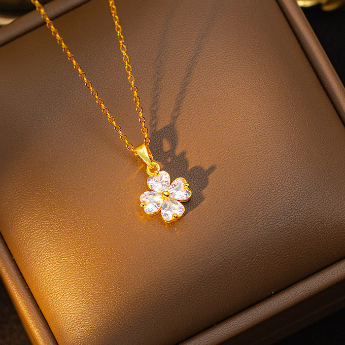 Wholesale Copper-set zircon four-leaf clover colored Titanium steel pendant necklace and earring set