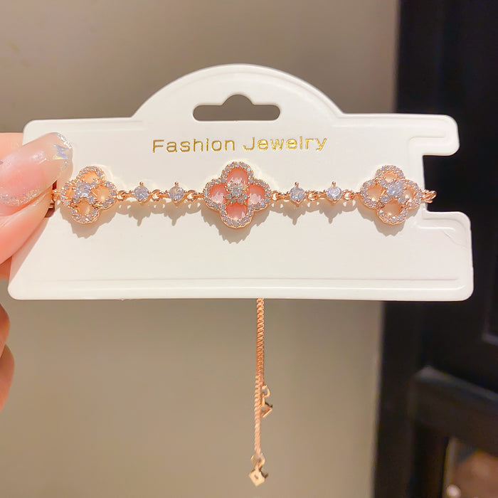 Wholesale Rhinestone Flower Adjustable Bracelet Copper Gold Pink Jewelry Accessory