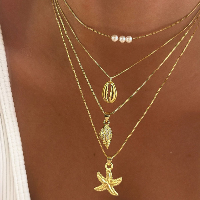 Wholesale Alloy conch starfish pendant necklace, layered pearl necklace, light luxury niche accessory