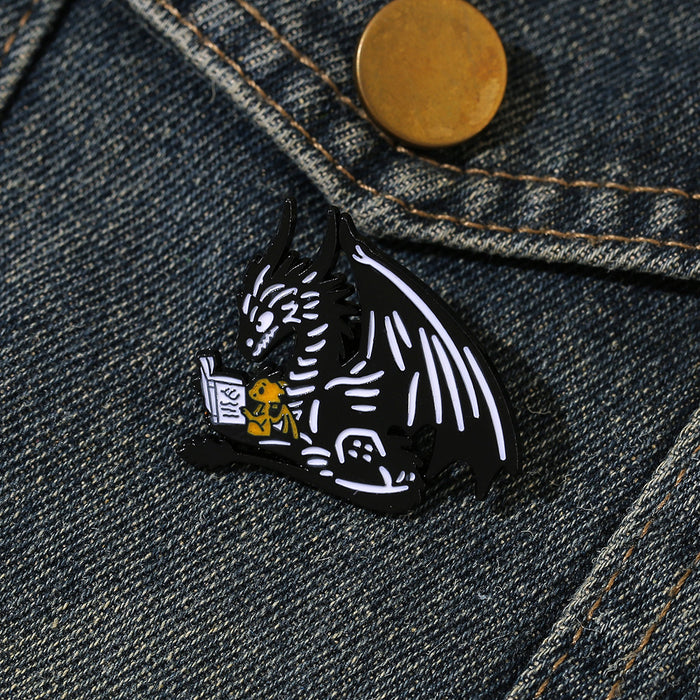 Wholesale Stylish Black Metal Dragon Reading Book Brooch Pin Hat Badge Fashion Accessory