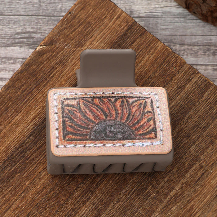 Wholesale Western Style Sunflower Cactus Poker Pattern Leather Hairclip Grab Clip Combination suit Women Shark Clip