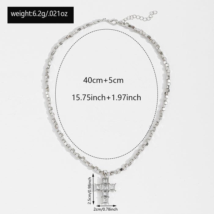 Wholesale Square bead cross necklace, niche and high-end, diamond studded collarbone chain, fashionable and versatile, sweet and cool accessory