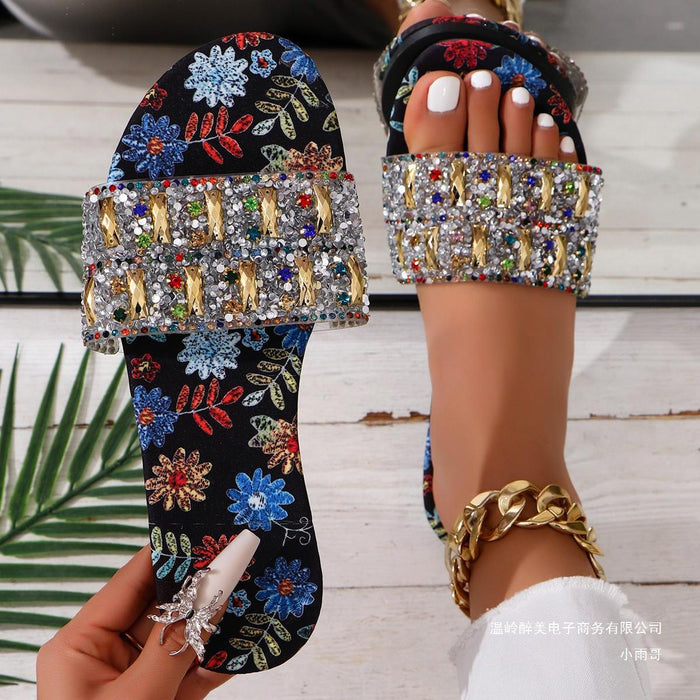 Wholesale  plus size flat-bottomed rhinestone slippers women wear graffiti flowers wear sandals and slippers