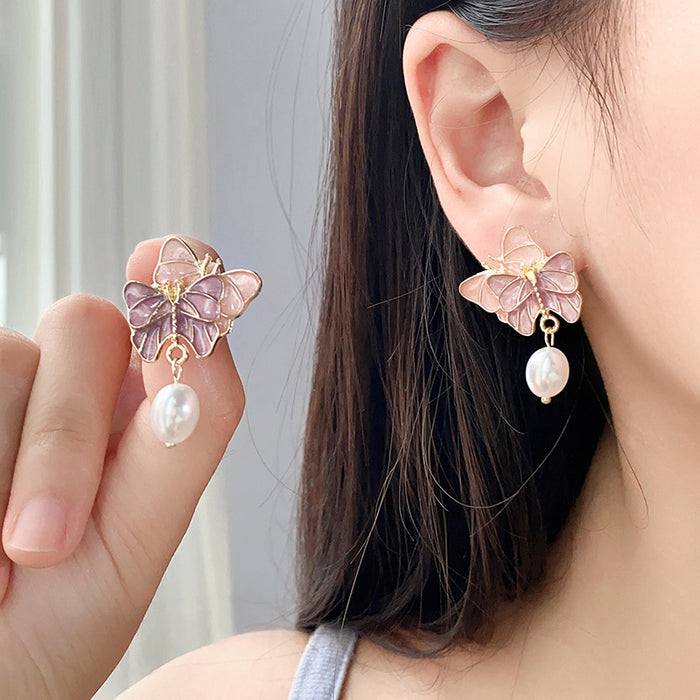 Wholesale Silver needle pearl retro butterfly niche fashion high-end earrings