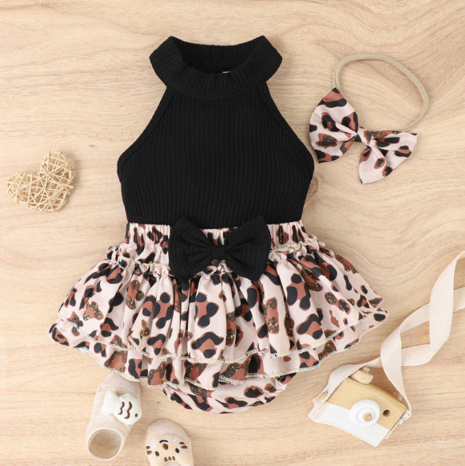 Wholesale three-piece romper suit baby leopard print butterfly skirt bag pants suit