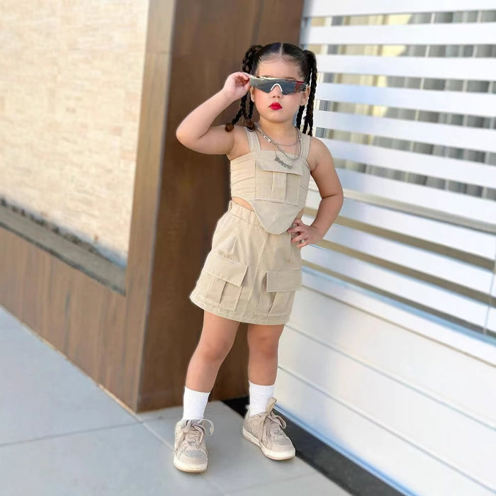 Wholesale Tube Top Suspenders Multi-pocket Short Skirt Children's Suit JDC-CTS-YaYaMi042