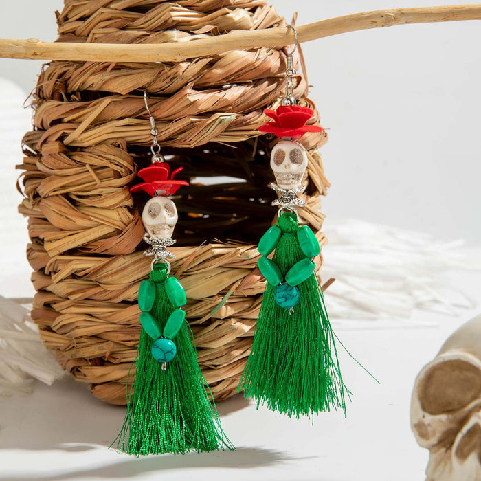 Wholesale  funny fun skull tassel rice beads earrings creative personality rose earrings