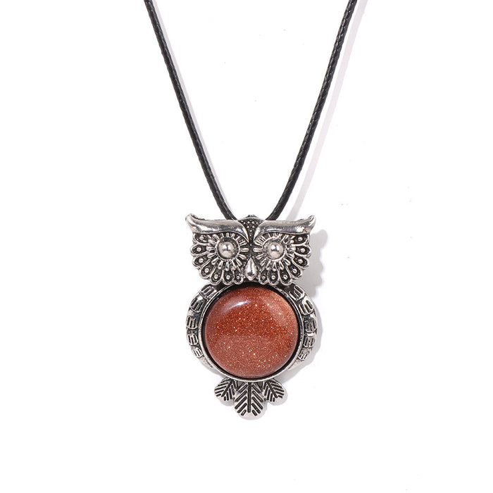 Wholesale Owl pendant necklace with semi precious stones tiger' s eye and amethyst