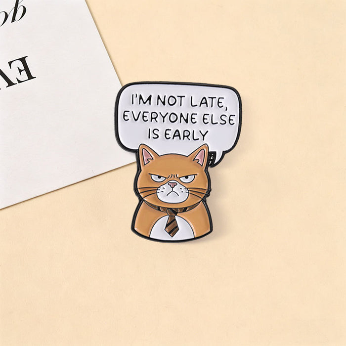 Wholesale Trendy Orange Cat Brooch I AM Not Late Office Tie Pin Gift