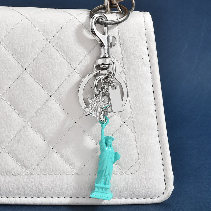 Wholesale Chic Statue Of Liberty Keychain Pendant Light Blue 3D Charm With Rhinestone Star Gold Tone Alloy Bag Accessory
