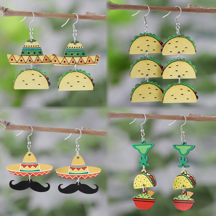 Wholesale Mexican Five-Five-Section Color Tortilla Straw Hat Pinata Color Pot Triple Double Wooden Double-Sided Earrings Jewelry