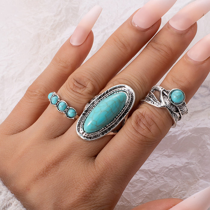 Wholesale retro bohemian feather large turquoise ring set