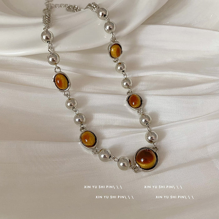Wholesale Imitation tiger eye stone retro bead necklace, light luxury, niche, collarbone chain, high-end accessory