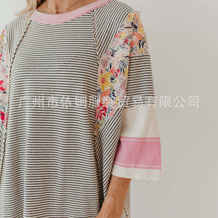 Wholesale Women's Color Matching Printed Tops Three Quarter Sleeve Sweatshirt JDC-CTS-YiMu012