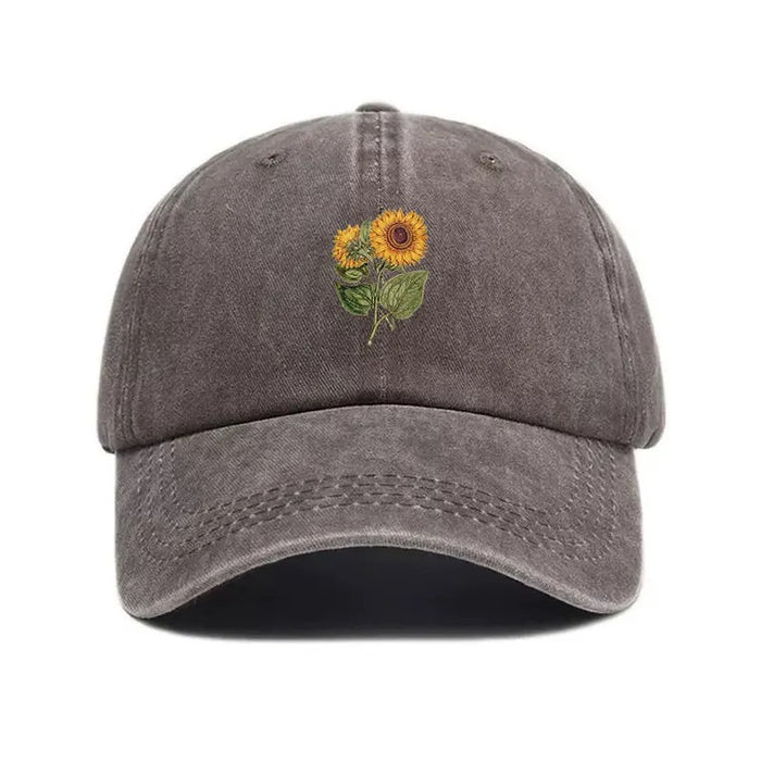 Wholesale Washed Distressed Baseball Cap With Sunflower Embroidery Forest Style Adjustable Hat For Women