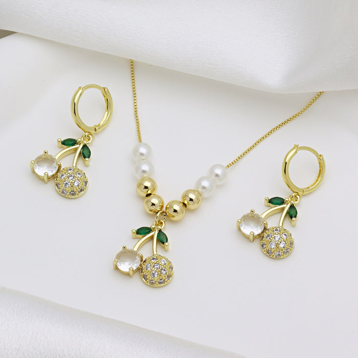 Wholesale Cherry Fruit with Color Zirconium Earrings Necklace Combination suit Copper Beads with Pearl