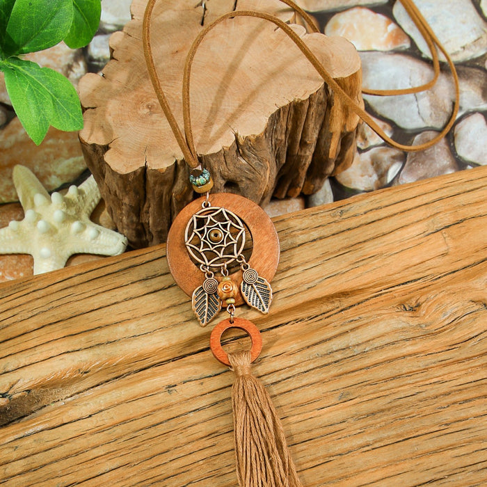Wholesale Bohemian Dreamcatcher Tassel Earrings and Wooden Pendant Necklace Set