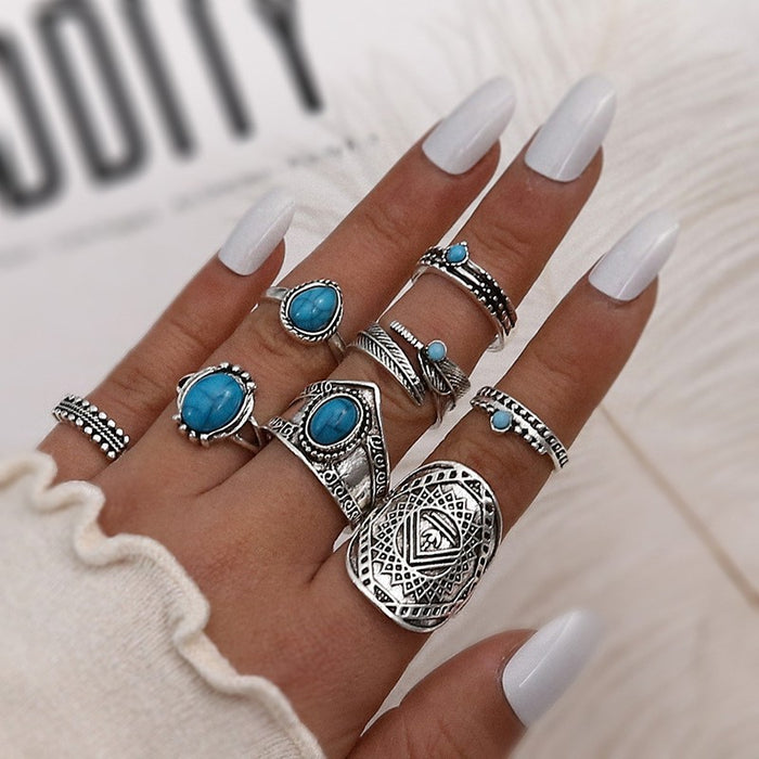 Wholesale Turquoise Carved Feather Ring Set