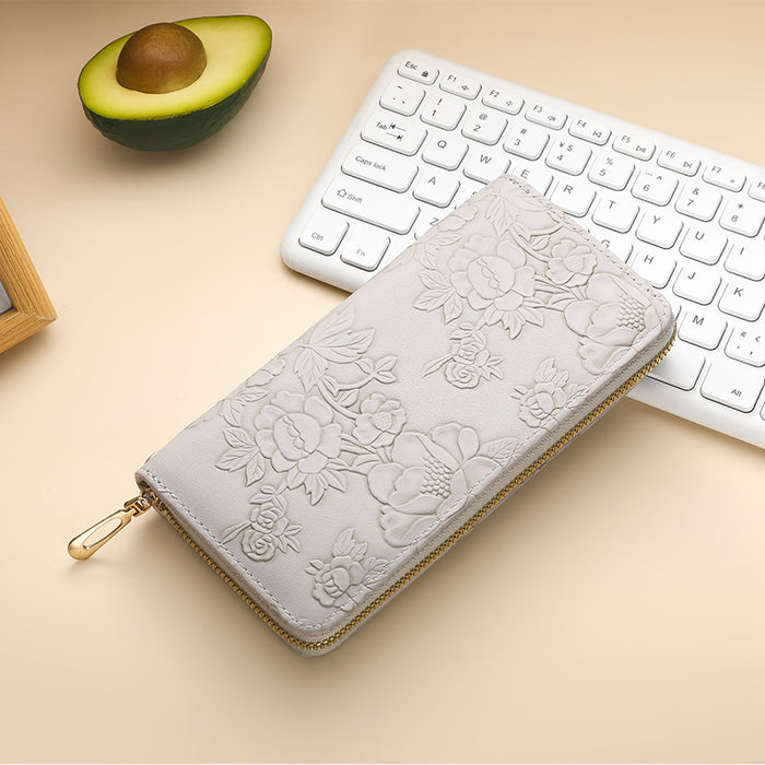 Wholesale Literary Floral Embossed Women' s Pu Wallet Light Blue Daily Matching Boutique MOQ:3