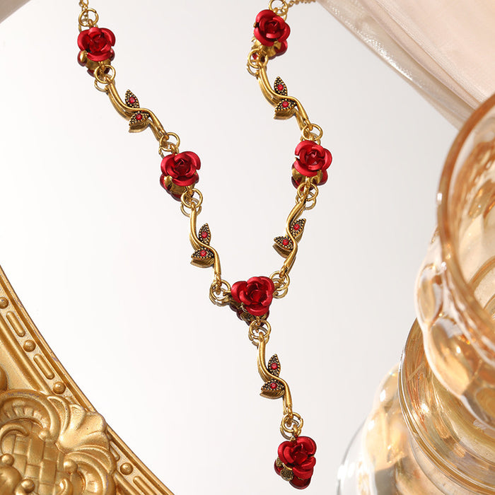 Wholesale Rose Flower Bracelet suit Elegant Red Rose Necklace Trendy Bracelet