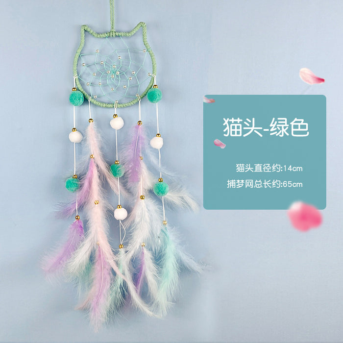 Wholesale Cat Head Dreamcatcher Hanging Ornament Handmade Pink Feather Decor MOQ≥2