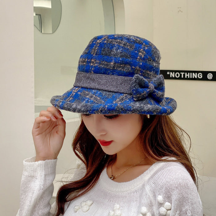 Wholesale Hats for Women Plaid Wool Warm Fisherman Hat Autumn and Winter Round Top Fashion Bow Basin Hat Korean Style Roll Brim Small Hat JDC-FH-DG003