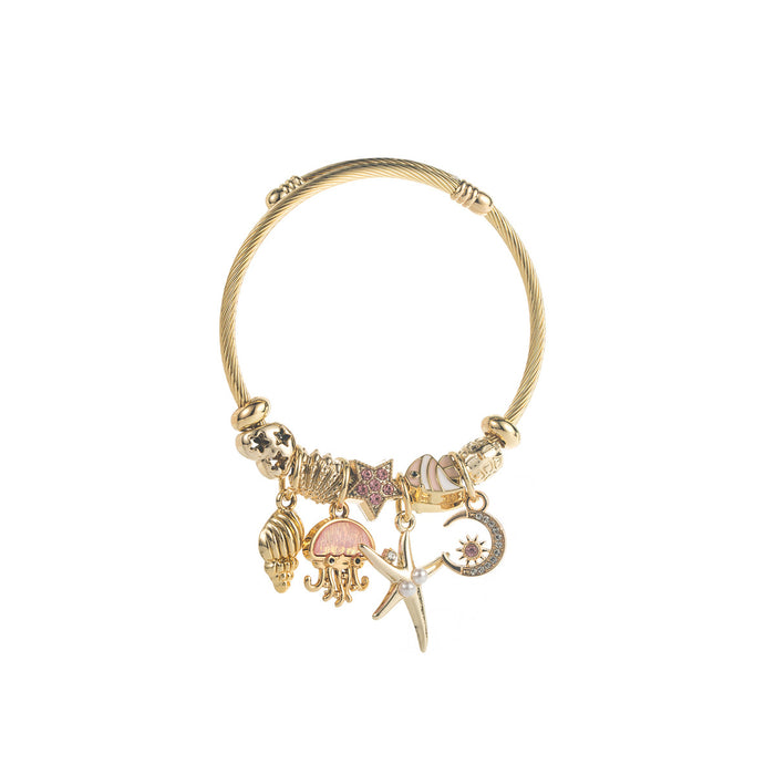 Wholesale Women S Stainless Steel Starfish Moon Pearl Charm Bracelet Pink Rhinestone Ocean Design Everyday Boutique Resale Jewelry Accessory