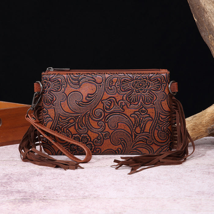 Wholesale Vintage Cotton and Linen Print Western Bohemian Leather Carving Hand Wallet Crossbody Women' s Bag